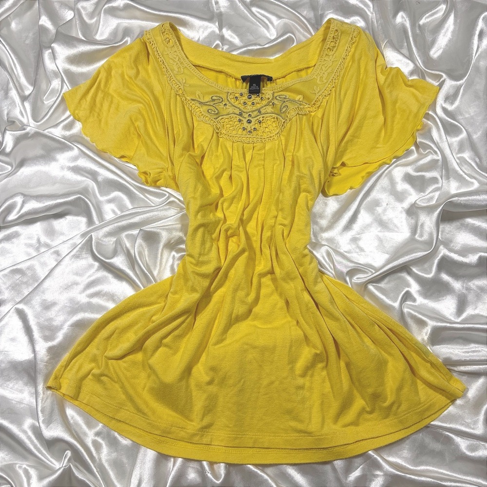 y2k Blouse Yellow Excellent AGB Crochet Lace Beaded Boho Flutter Sleeve Top XL